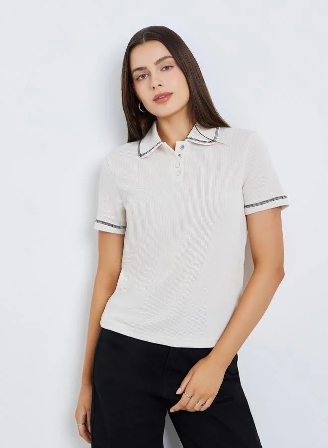 Styli Women Ribbed Knit Polo T-Shirt
