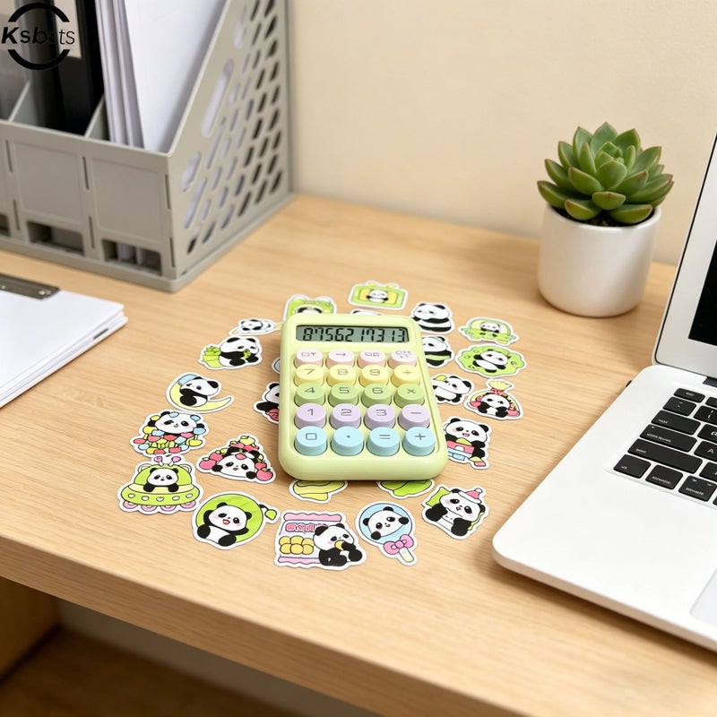Pink Calculator With 12 Digit Large Screen Clear Display Silent Operation For Students Study Office Financial Use Random Panda Stickers - Image 4