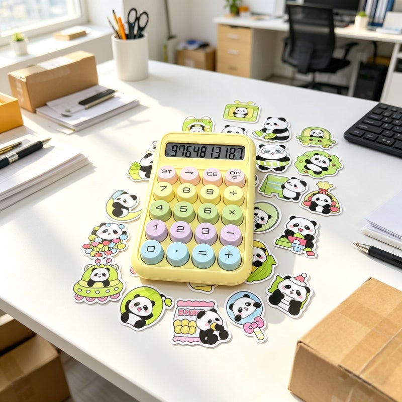 Pink Calculator With 12 Digit Large Screen Clear Display Silent Operation For Students Study Office Financial Use Random Panda Stickers - Image 1