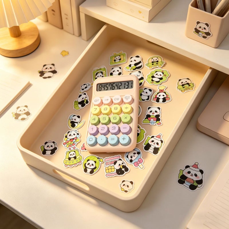 Pink Calculator With 12 Digit Large Screen Clear Display Silent Operation For Students Study Office Financial Use Random Panda Stickers - Image 3