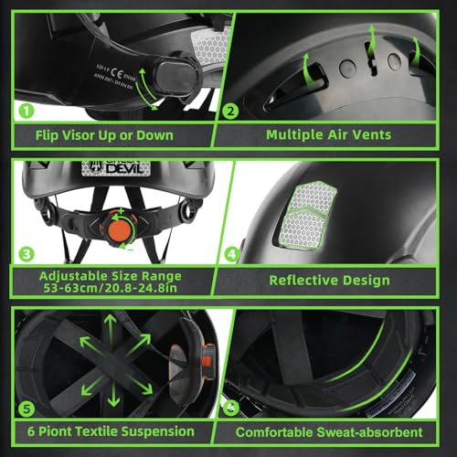 GREEN DEVIL Hard Hat Safety Helmet with Rechargeable Headlamp Light and Visor Ear Muffs Vented Work Hardhat ANSI Z89.1 Cascos De Construccion for Industrial Construction Forestry - Image 4