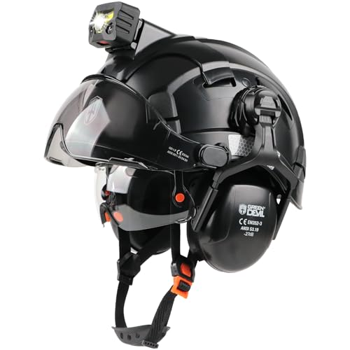 GREEN DEVIL Hard Hat Safety Helmet with Rechargeable Headlamp Light and Visor Ear Muffs Vented Work Hardhat ANSI Z89.1 Cascos De Construccion for Industrial Construction Forestry - Image 1