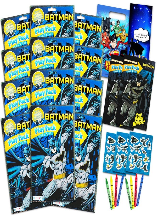 DC Comics Batman Party Favors Pack ~ Bundle of 12 Batman Play Packs Filled with Stickers, Coloring Books, Crayons with Bonus Loot Bags, Harley Quinn Patches, and Door Hanger (Batman Party Supplies) - Image 1