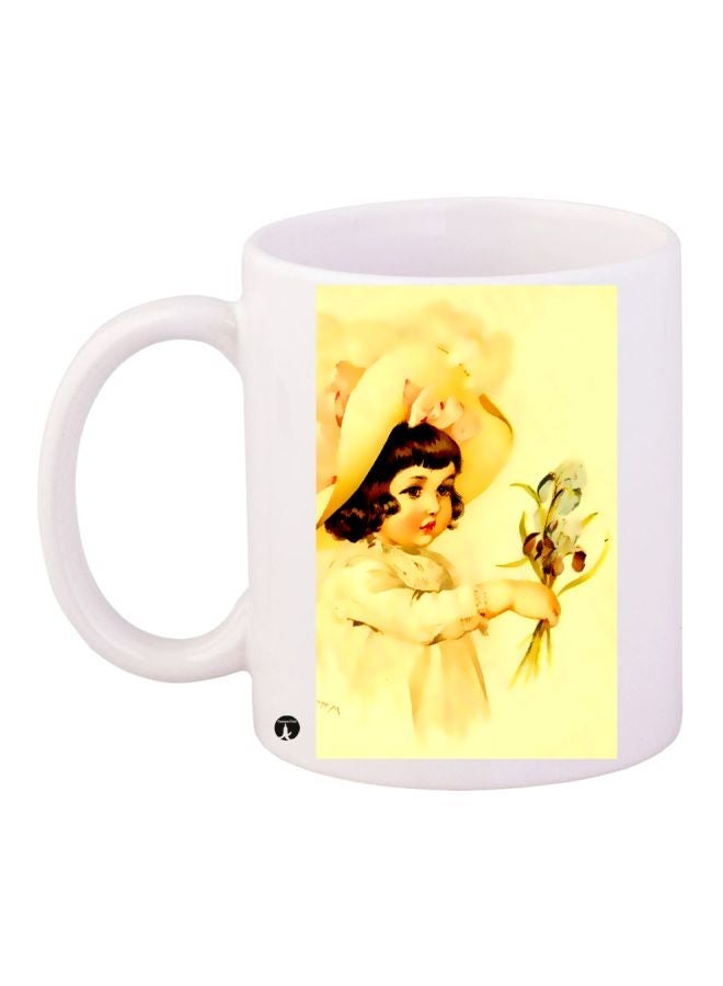 RYN Vintage Girl Printed Coffee Mug White/Yellow/Brown 11ounce