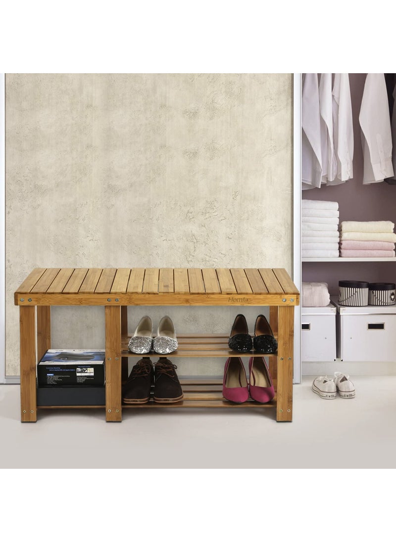 Beauty Panda Beauty panda Teak Wood 2 Tier Shoe Rack Bench Premium Shoe Organizer or Entryway Bench Perfect for Shoe Cubby Entry Bench or Living Room 86M Natural wood  - Image 1