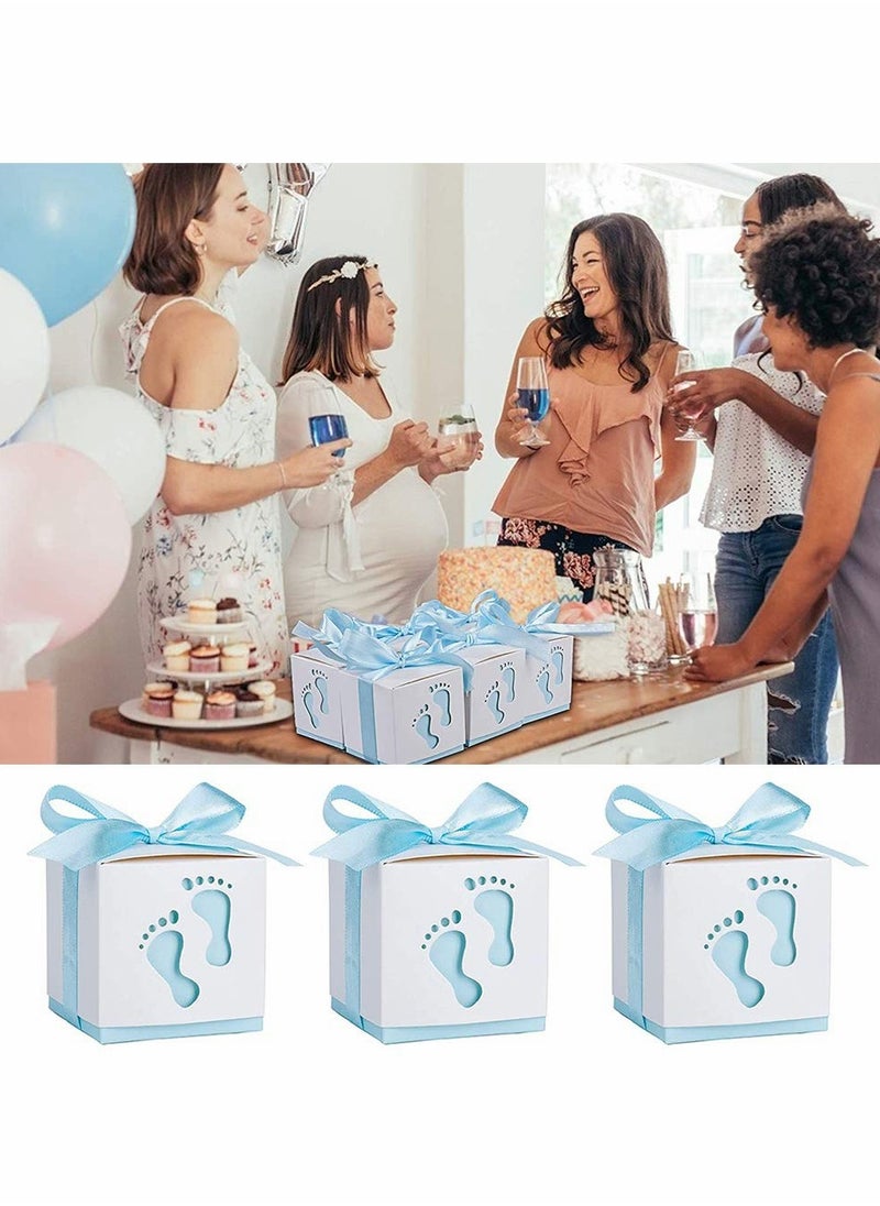 KASTWAVE Candy Favour Gift Boxes, Ribbon Box, 50 Pieces Baby Box, Footprints , for Showers, Kids Birthday, Wedding Party, Partys (Blue)  - Image 5