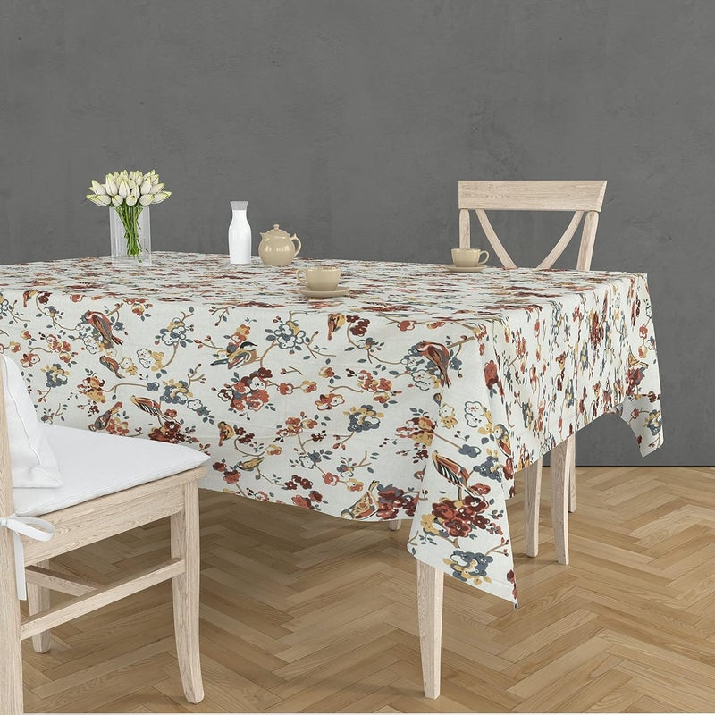 RUSTIC LINEN Cotton Dining Table Cover 6 to 8 Seater 100 Cotton Table Cloth Rectangle57 Inches X 87 Inches Floral Printed with Lahariya Piping 6 to 8 Seater Pink - Image 1