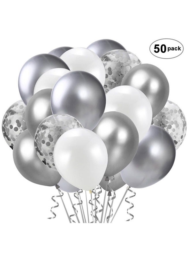 50-Piece Latex Party Balloons Set Silver And White 12inch For Happy Birthday Party Baby Shower Wedding - Image 1