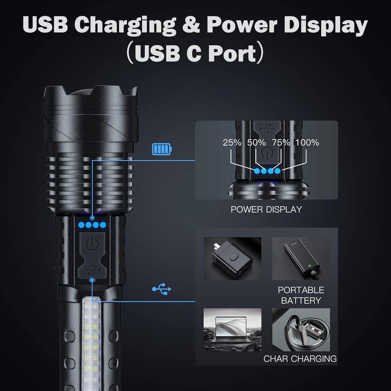LETOUR 2 Pack LED Torch Rechargeable 20000 Lumens Super Bright Adjustable Focus Flashlight, 7 Light Modes IPX6 Waterproof Powerful Handheld Flash Light for Power Cuts, Emergency, Camping, Hiking, Outdoor - Image 5