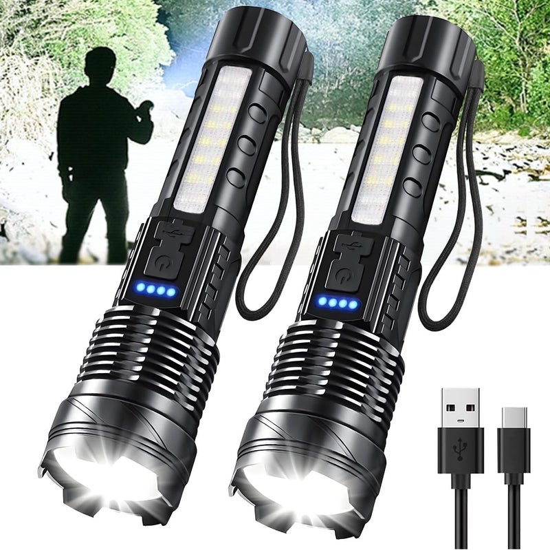 LETOUR 2 Pack LED Torch Rechargeable 20000 Lumens Super Bright Adjustable Focus Flashlight, 7 Light Modes IPX6 Waterproof Powerful Handheld Flash Light for Power Cuts, Emergency, Camping, Hiking, Outdoor - Image 1
