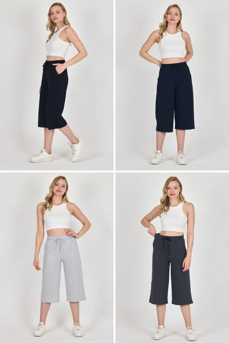 ميتاليك High Waist Pocketed Relaxed Cut Seasonal Women's Below Knee 4-Pack Bermuda Black-Navy Blue-Gray-Anthracite Capri Shorts