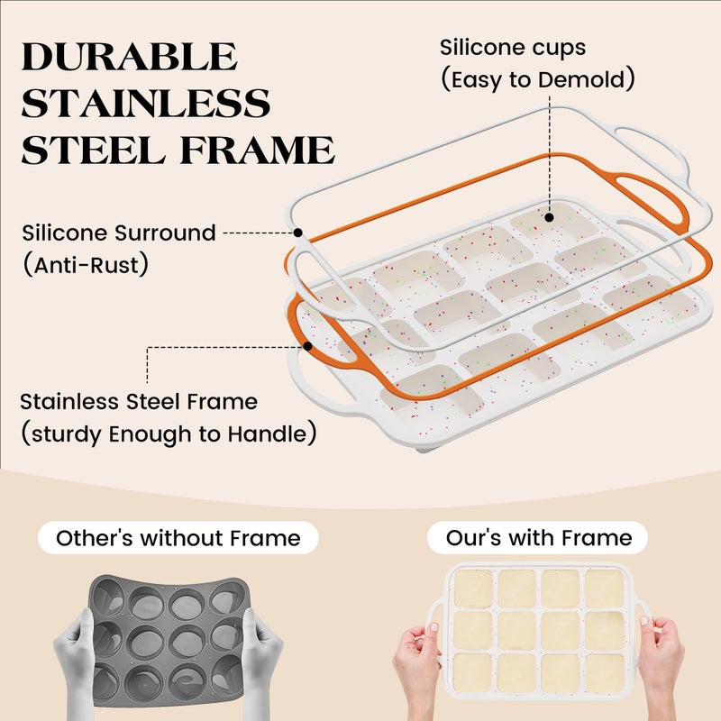 AOTASO 2 Pcs Brownie Pan with Dividers Silicone Nonstick Mini Individual 12 Cup Square Muffin Cupcake Pans with Metal Reinforced Frame(Cream) - Image 2