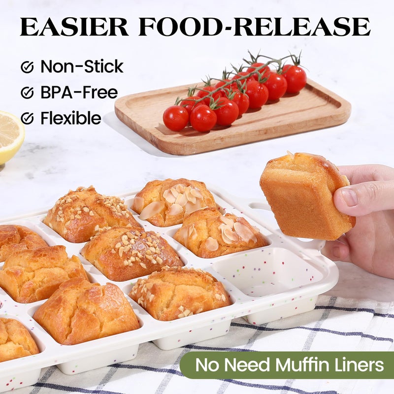 AOTASO 2 Pcs Brownie Pan with Dividers Silicone Nonstick Mini Individual 12 Cup Square Muffin Cupcake Pans with Metal Reinforced Frame(Cream) - Image 3