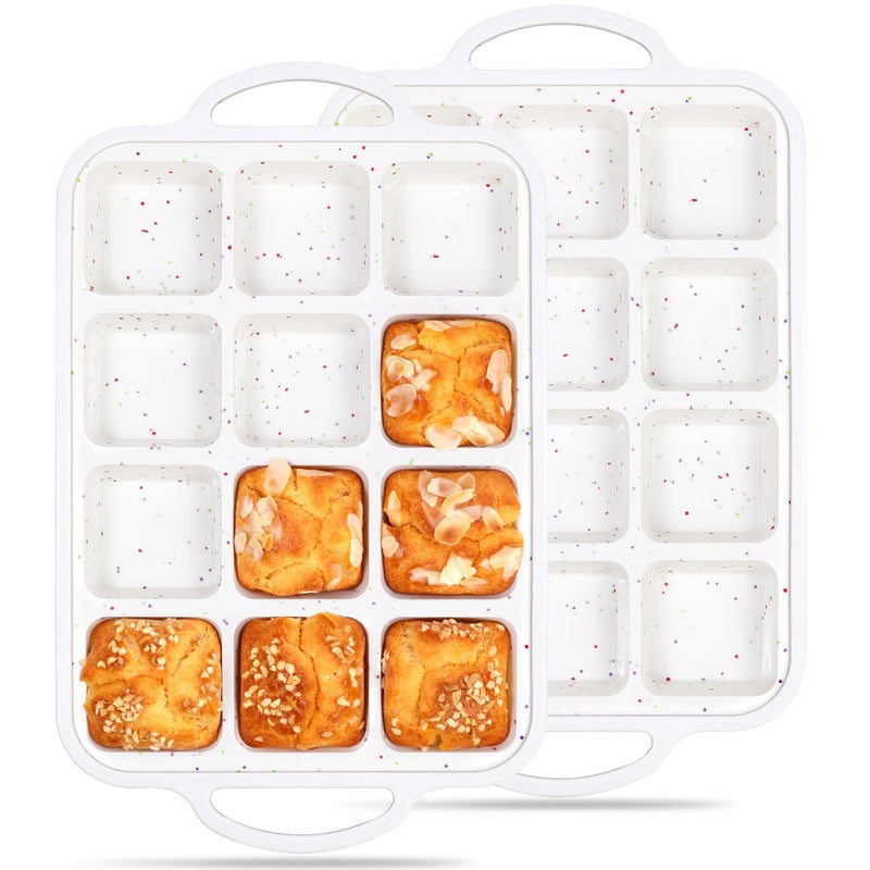 AOTASO 2 Pcs Brownie Pan with Dividers Silicone Nonstick Mini Individual 12 Cup Square Muffin Cupcake Pans with Metal Reinforced Frame(Cream) - Image 1