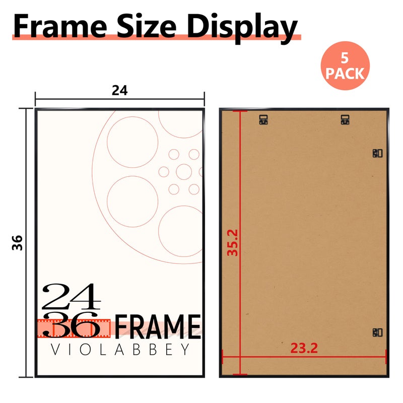 VIOLABBEY 24x36 Poster Frame Set of 5, Black Picture Frames for Wall Mounting Vertically or Horizontally, Gallery Wall Frame - Image 2