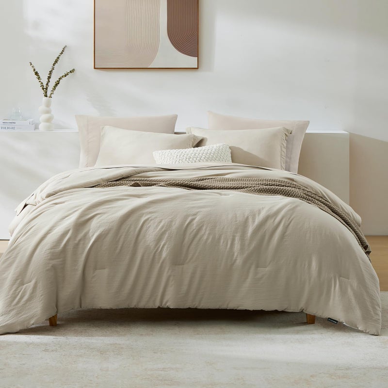 WRENSONGE Full Size Comforter Sets 7 Pieces Soft Light Oatmeal Bed in a Bag with Fitted Sheet Flat Sheet 2 Pillow Shams 2 Pillowcases Warm Bedding Sets for All Season