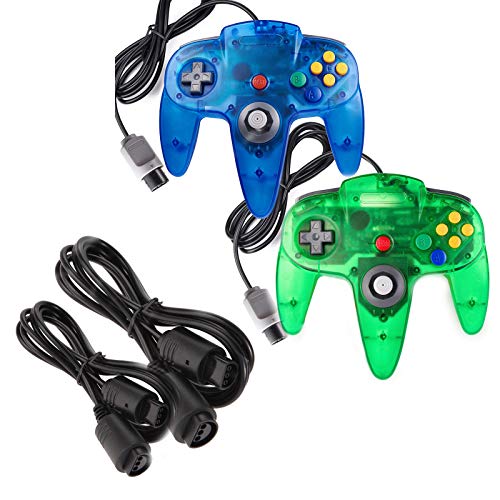 miadore 2 Pack Classic N64 Controllers (Jungle Green/Blue) Bundle with 2 Pack 6FT N64 Controller Extension Cable - Image 1