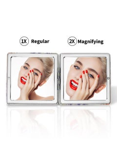 Dynippy Compact Mirror 3.15 Inch Double-Sided 1X/2X Magnifying Bulk Pu Leather Makeup Mirrors Round Mirror For Purses Small Pocket Portable Hand Mirror For Woman Mother (Square Irises)  - Image 2