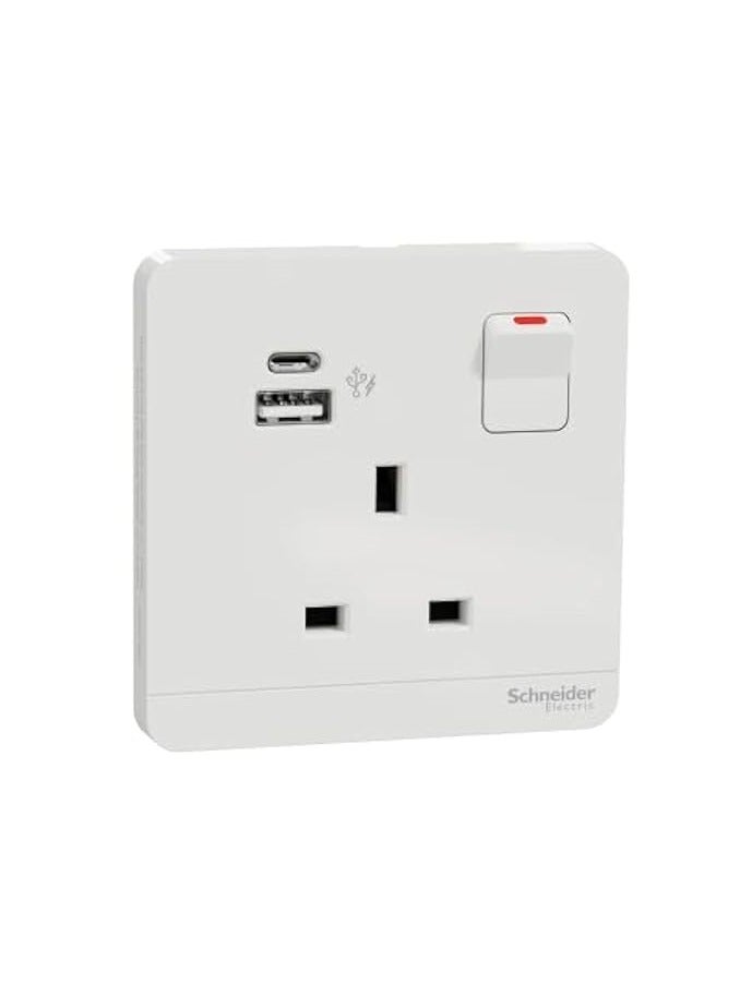 Schneider AvatarOn, 1 Gang, Switched Socket with USB A+C, 13A, White, IP20, USB C, E8315DACUSB_WE - Image 1