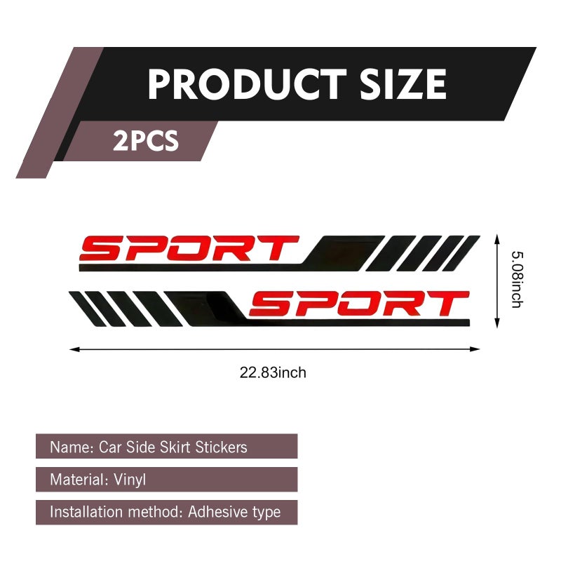 Qurbuns 2 PCS Sport Letter Car Stickers, 22.83" x 5.08" Stripe Decals for Car Door Side, Waterproof & Scratch-Resistant Vinyl Decal, Universal Auto Body Side Decoration Sticker (Black & Red) - Image 2