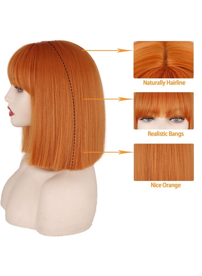 MERISIHAIR Erisihair Short Orange Bob Wig With Bangs Straight Bob Orange Wigs For Women Cosplay Colorful Orange Bangs High Temperature Heat Resistant Wigs For Women(Orange)  - Image 4