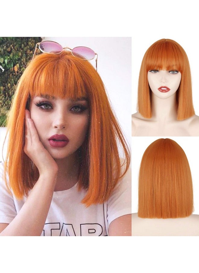 MERISIHAIR Erisihair Short Orange Bob Wig With Bangs Straight Bob Orange Wigs For Women Cosplay Colorful Orange Bangs High Temperature Heat Resistant Wigs For Women(Orange)  - Image 1