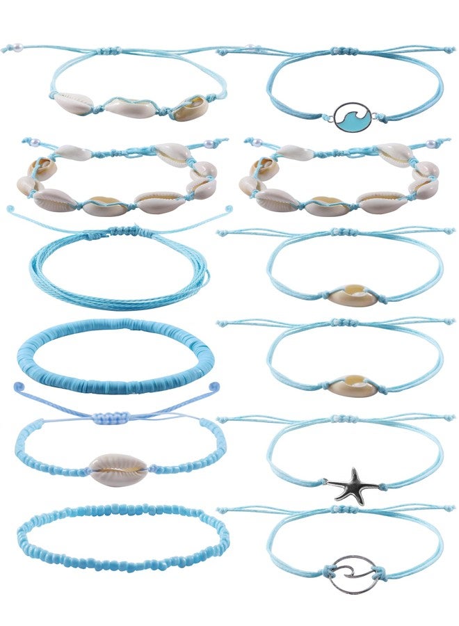 PIPITREE 12Pcs Beach Surfer Wave Bracelets for women, Adjustable Handmade Waterproof Braided String Beaded Anklets Starfish Shell Ankle Bracelet for Women Boho Summer Blue Bracelet Set - Image 1