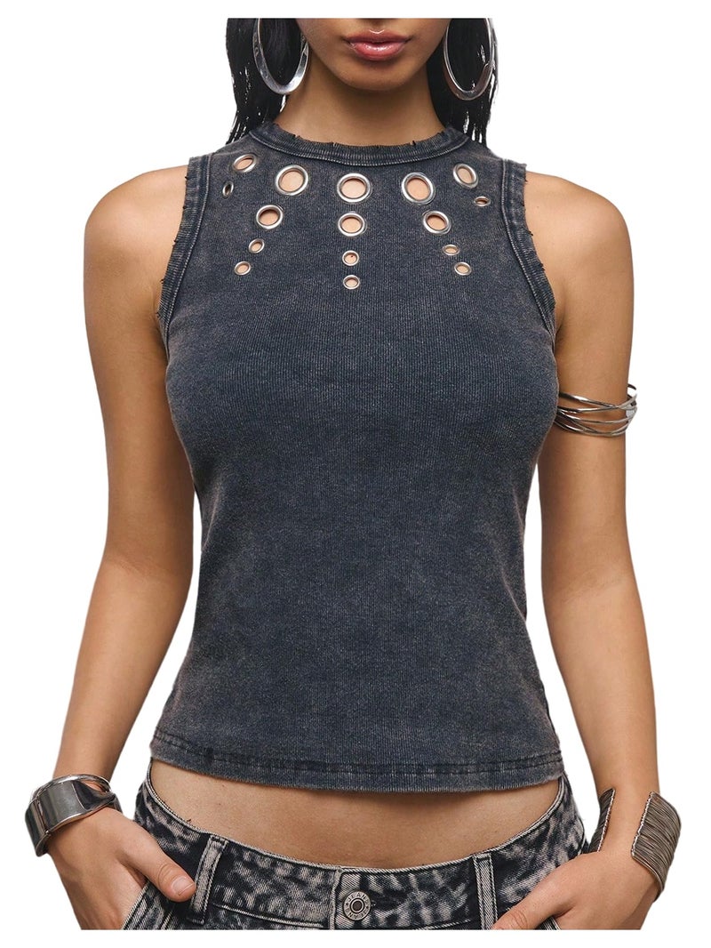 SweatyRocks Women's Y2k Grunge Crew Neck Distressed Concert Tank Tops Punk Rock Cut Out Sleeveless Going Out Top Grey Large - Image 1