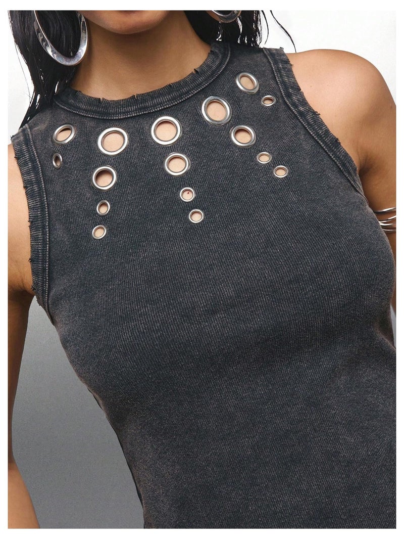 SweatyRocks Women's Y2k Grunge Crew Neck Distressed Concert Tank Tops Punk Rock Cut Out Sleeveless Going Out Top Grey Large - Image 4