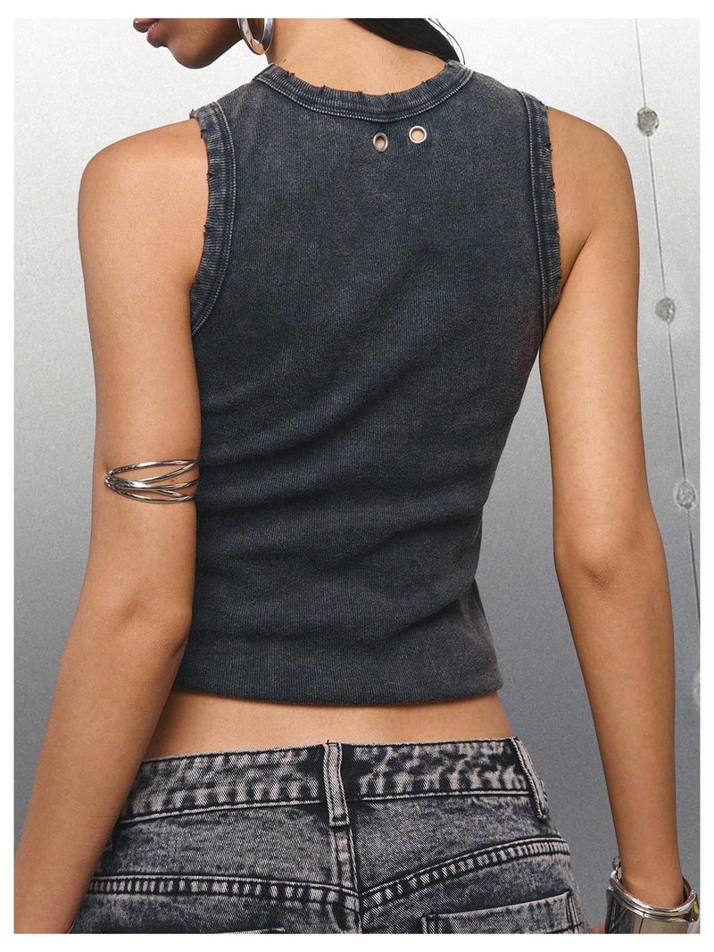 SweatyRocks Women's Y2k Grunge Crew Neck Distressed Concert Tank Tops Punk Rock Cut Out Sleeveless Going Out Top Grey Large - Image 3