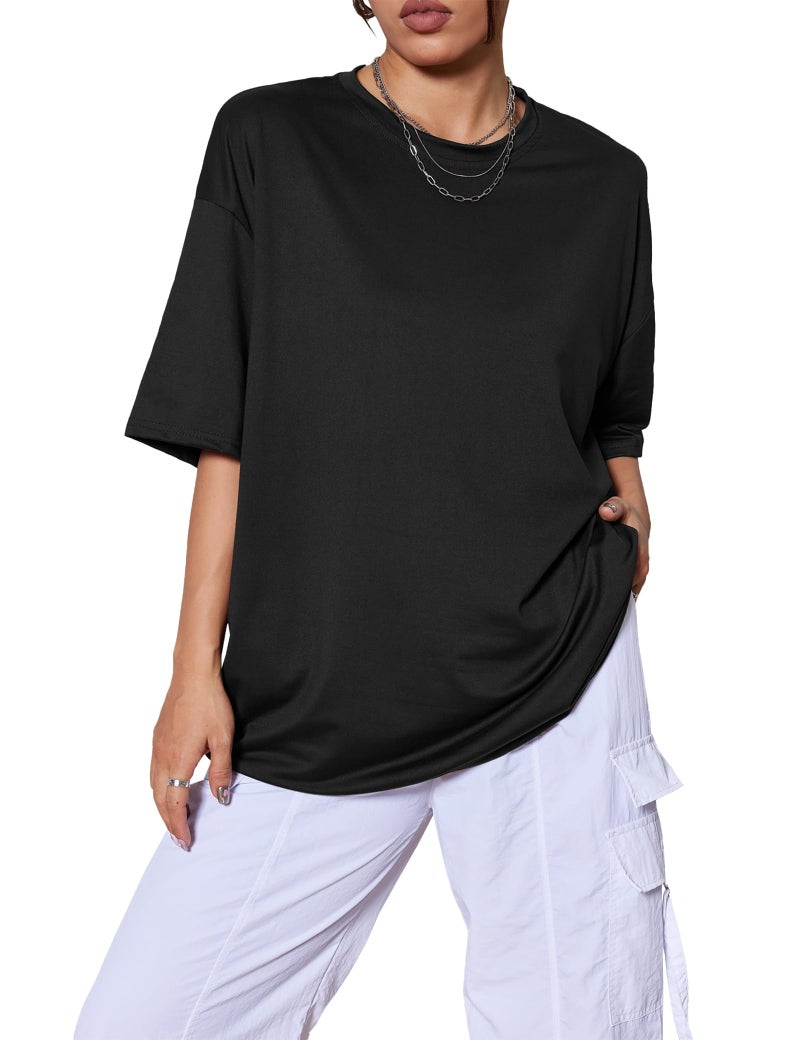 Kinglaman 5 Pack Womens Oversized T Shirts Crew Neck Loose Fit Short Sleeve Tshirts Summer Workout Plus Size Tee Tops 1 Black 1 White 1 Army Green 1 Khaki 1 Dark Pink X-Large - Image 2
