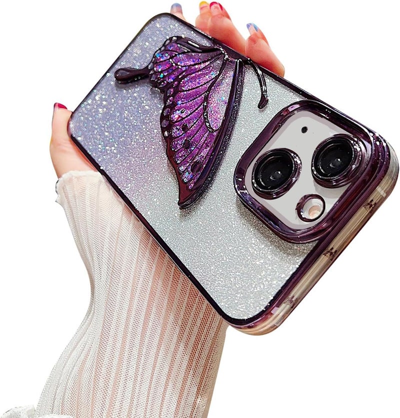 Mobistyle Thermoplastic Polyurethane Designed For iPhone 15 Cover With Glitter Cute Butterfly Electroplating Design Back Cover Case For Women Teen Girls (Purple) - Image 2