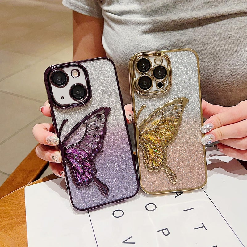 Mobistyle Thermoplastic Polyurethane Designed For iPhone 15 Cover With Glitter Cute Butterfly Electroplating Design Back Cover Case For Women Teen Girls (Purple) - Image 4