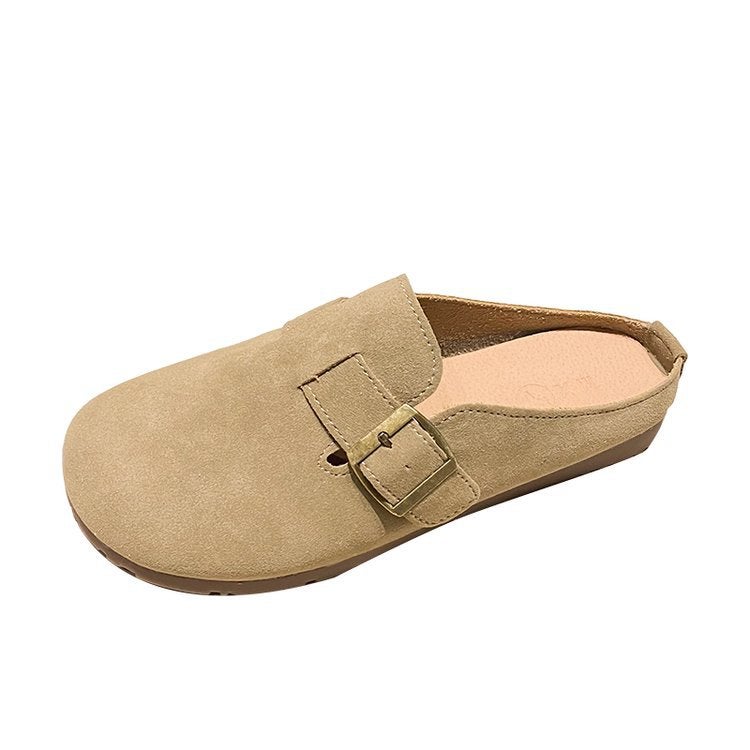 Slippers for Women 2024 New Womens Shoes Spring and Autumn British Toe-Toe Half Slippers Womens Flat Sandals Sand color