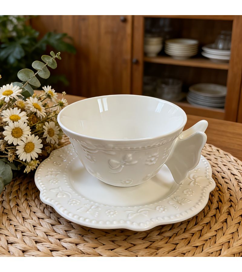 Embossed Butterfly White Porcelain Cup and Saucer Set Vintage Coffee Tea Set - Image 4
