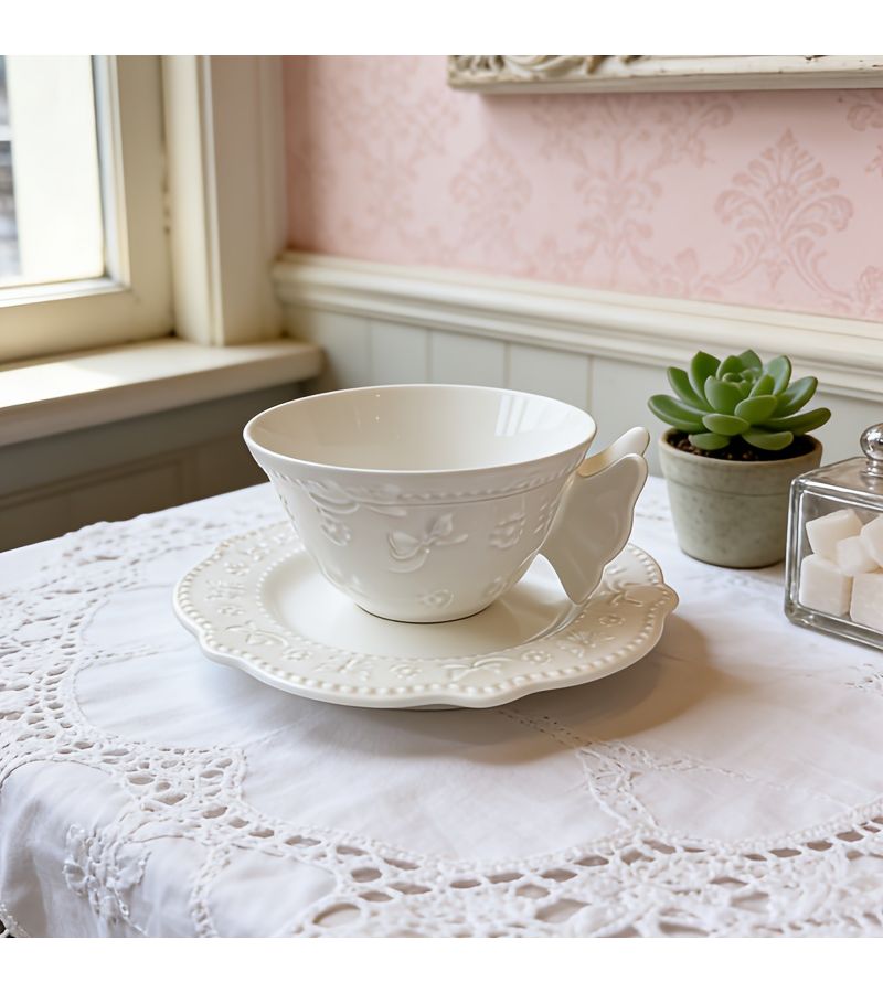 Embossed Butterfly White Porcelain Cup and Saucer Set Vintage Coffee Tea Set - Image 5