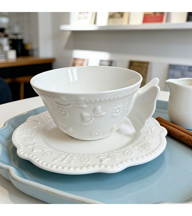 Embossed Butterfly White Porcelain Cup and Saucer Set Vintage Coffee Tea Set - Image 1