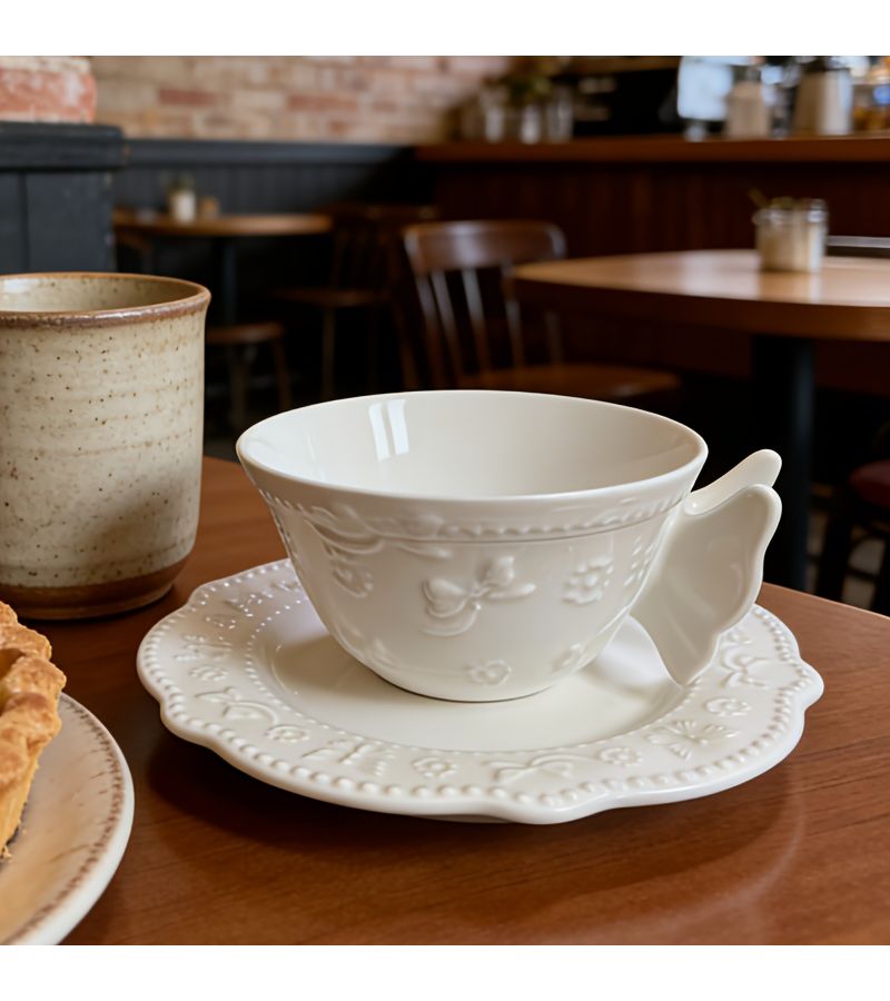 Embossed Butterfly White Porcelain Cup and Saucer Set Vintage Coffee Tea Set - Image 2