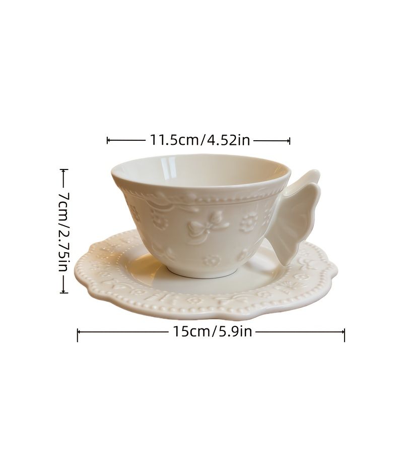 Embossed Butterfly White Porcelain Cup and Saucer Set Vintage Coffee Tea Set - Image 3