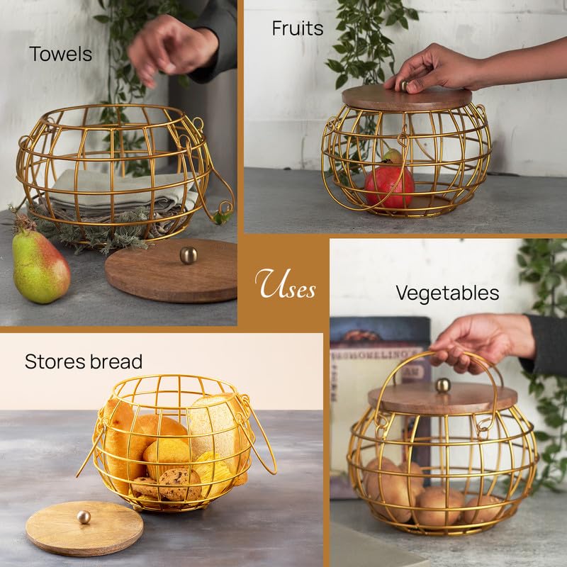 nestroots Fruit Basket with Lid Kitchen Stand vegetable basket rack for kitchen | Round Net baskets for storage Metal basket fruit stand storage baskets with handle Gold - Image 3