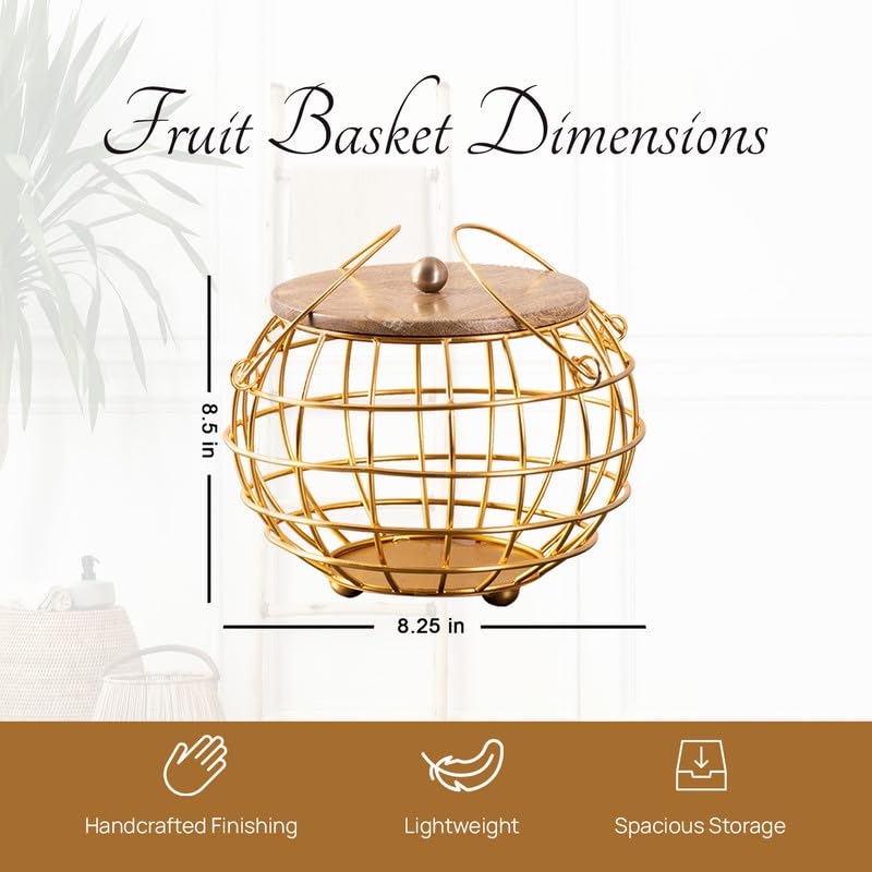 nestroots Fruit Basket with Lid Kitchen Stand vegetable basket rack for kitchen | Round Net baskets for storage Metal basket fruit stand storage baskets with handle Gold - Image 2