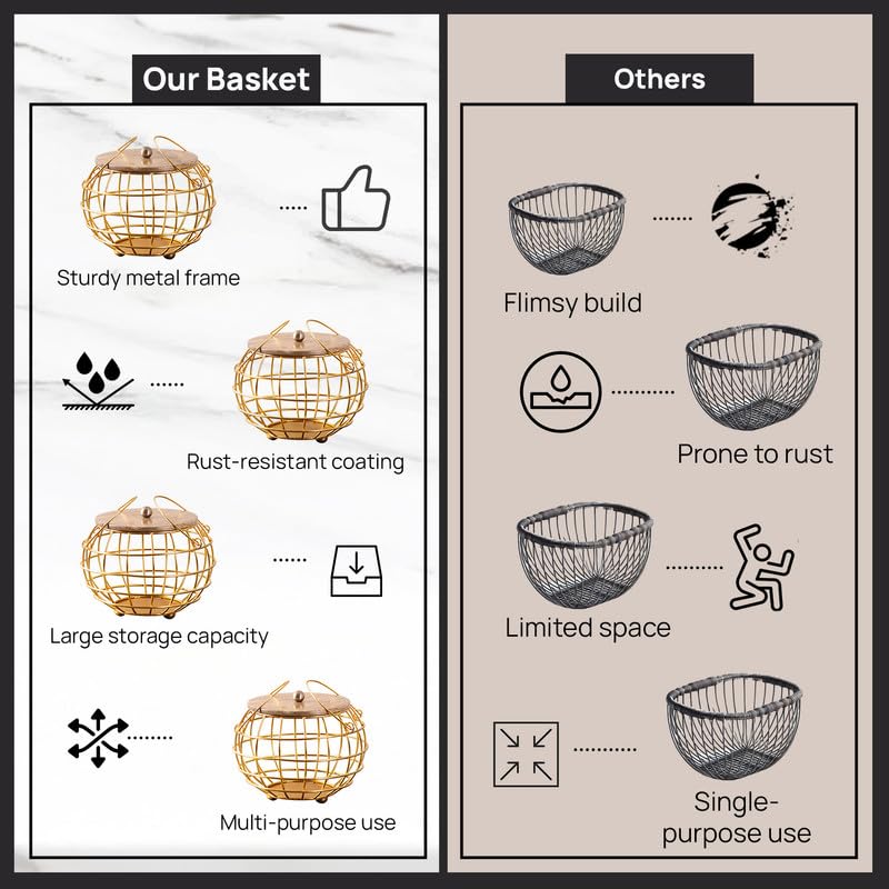 nestroots Fruit Basket with Lid Kitchen Stand vegetable basket rack for kitchen | Round Net baskets for storage Metal basket fruit stand storage baskets with handle Gold - Image 5