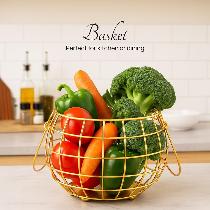 nestroots Fruit Basket with Lid Kitchen Stand vegetable basket rack for kitchen | Round Net baskets for storage Metal basket fruit stand storage baskets with handle Gold - Image 4