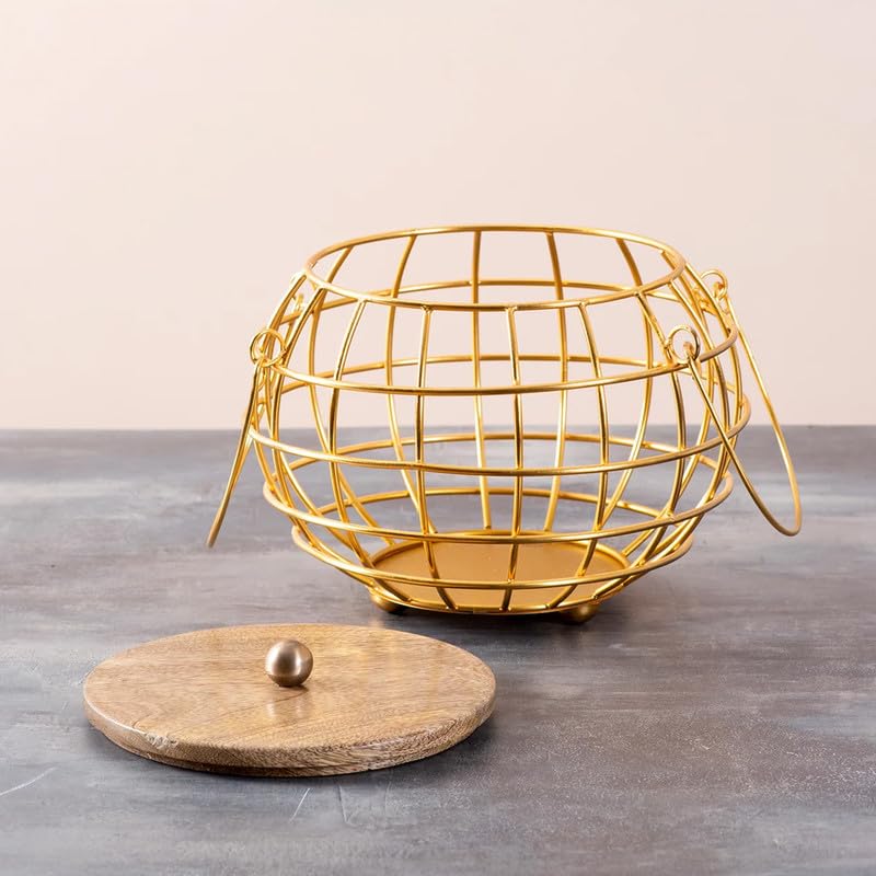 nestroots Fruit Basket with Lid Kitchen Stand vegetable basket rack for kitchen | Round Net baskets for storage Metal basket fruit stand storage baskets with handle Gold - Image 1