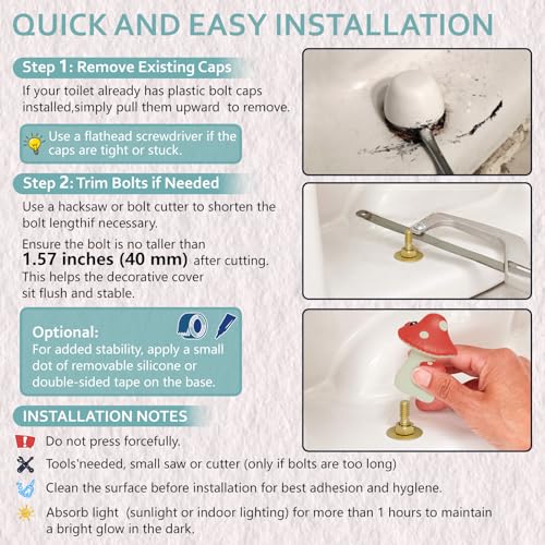 boeemi Cute Mushroom Toilet Bolt Covers Decorative Glow in The Dark Toilet Caps Bathroom Decor for Floor Bolt Screws (2PCS, PLA, Easy Install) - Image 5