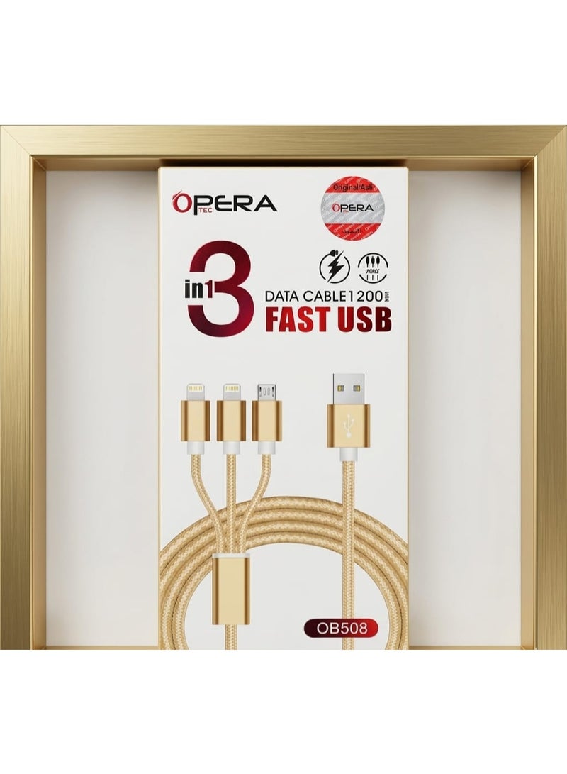 OPERA 3-in-1 Charging Cable (Lightning + Type-C + Micro) - Fast Charging & Ultra-Durable Data Transfer - Luxurious Gold Braided Fabric Design - Model OB508 - Image 2