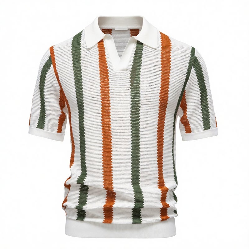 Men's Breathable Knit Polo Shirt Striped Short Sleeve Casual Top - Image 1