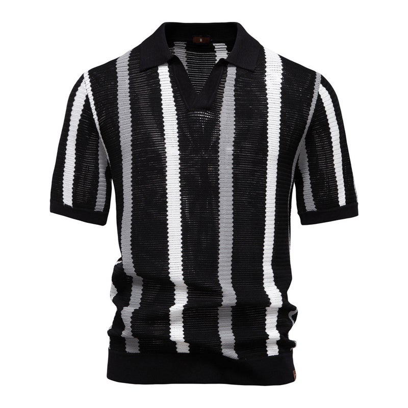 Men's Breathable Knit Polo Shirt Striped Short Sleeve Casual Top - Image 3