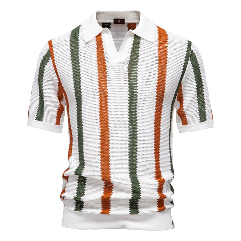 Men's Breathable Knit Polo Shirt Striped Short Sleeve Casual Top - Image 2