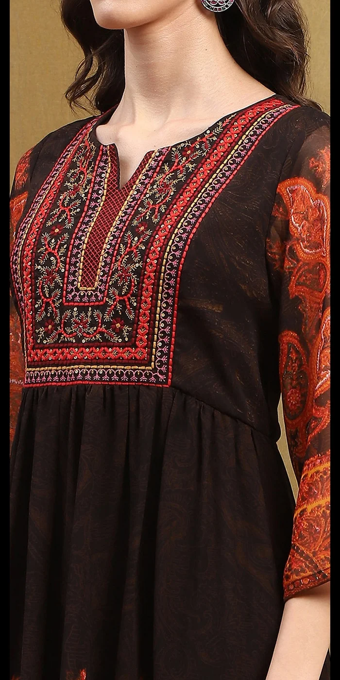 Biba Chocolate Brown Georgette Printed Tiered Dress